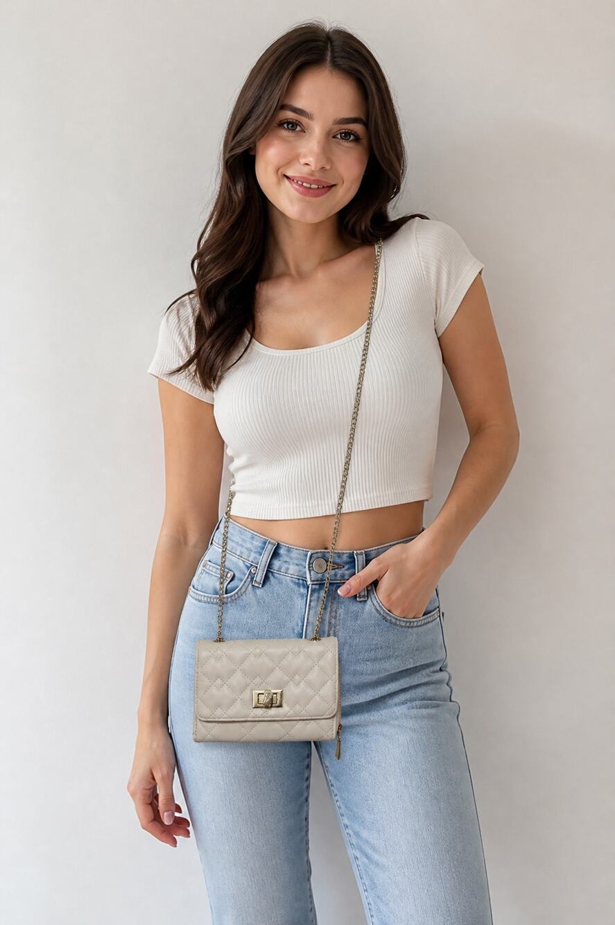 Quilted White Crossbody Purse with Gold Chain Strap
